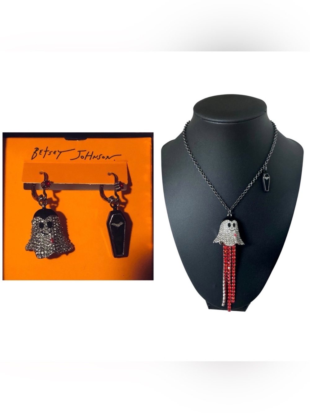BETSEY JOHNSON SET Halloween Crystal Ghost & Coffin Earrings & Necklace NEW NWT